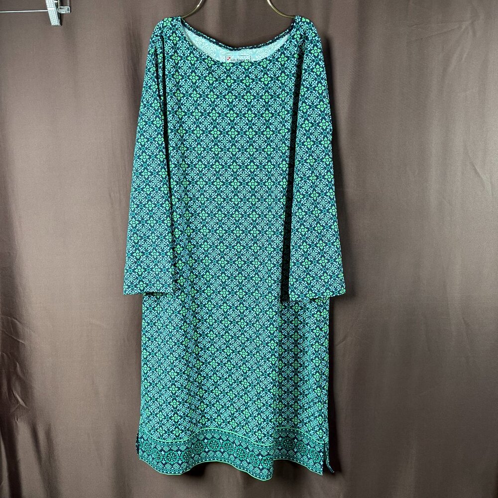 Lands' End Women's M-1X LONG Green 3/4 Sleeve‎ Boatneck Swim Cover-up Dress